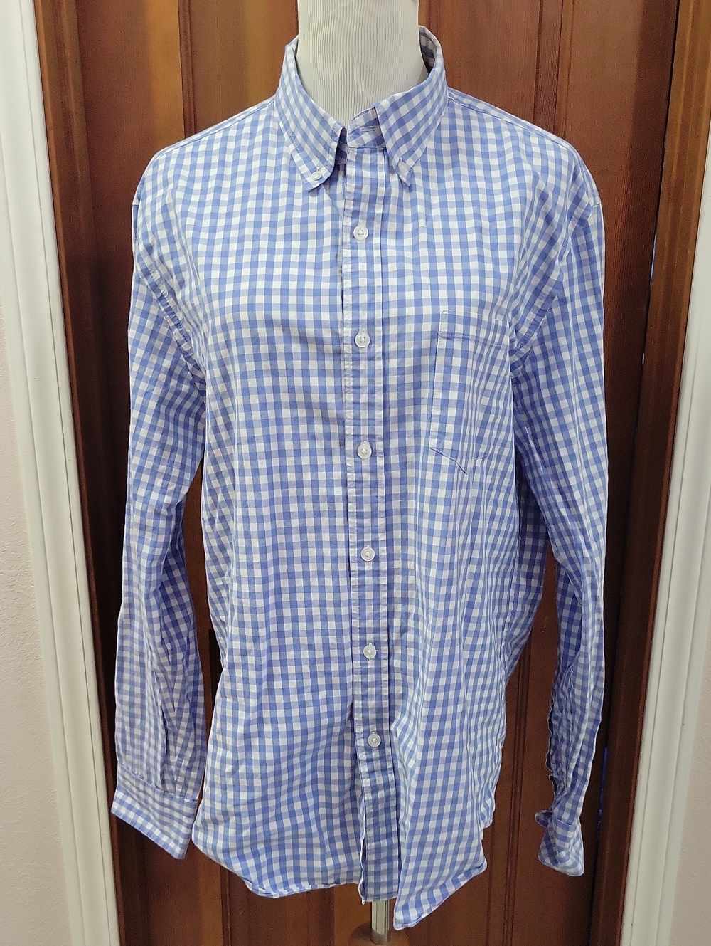 J. Crew Men's Blue and White Gingham Button-Down Shirt